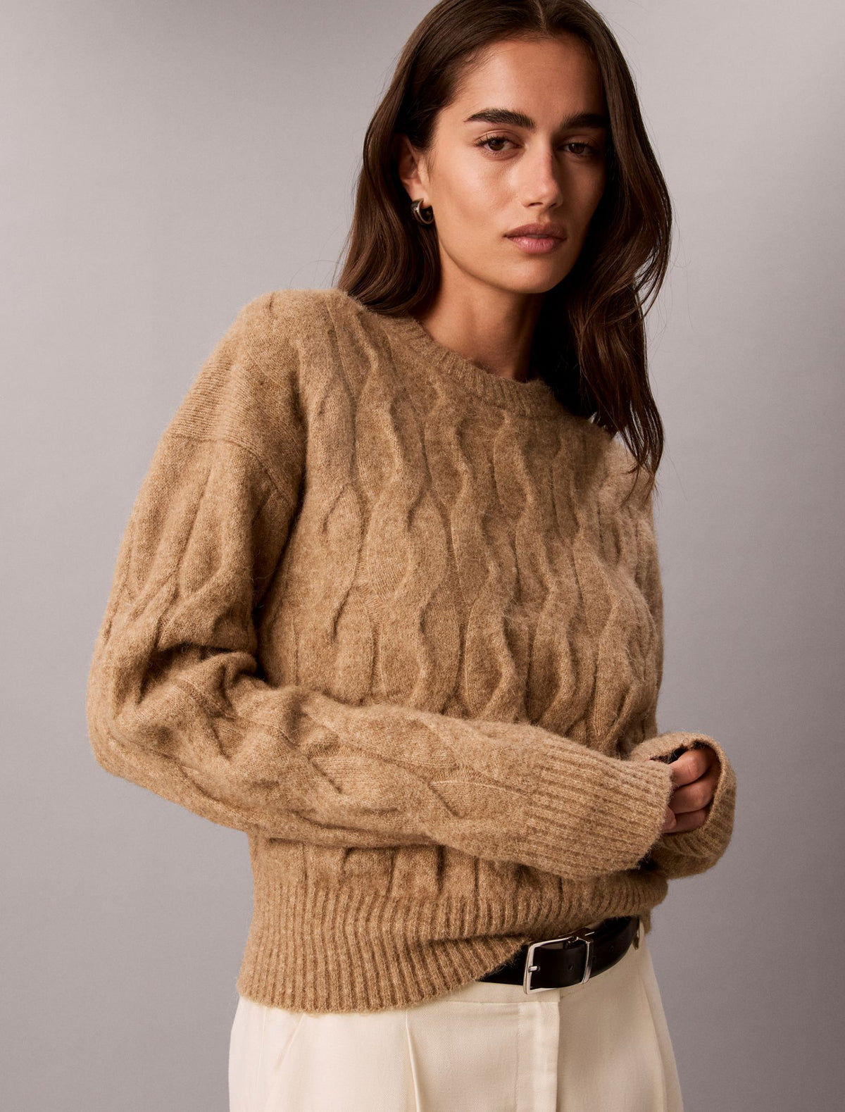 Wool Blend Cable Knit Sweater - Calvin Klein Women