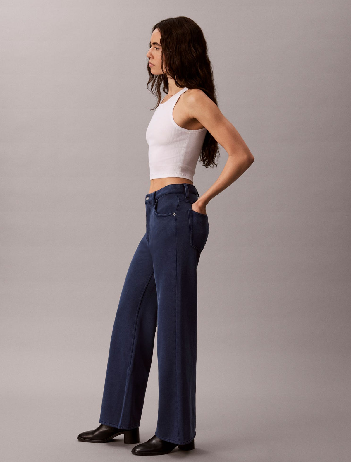 Denim Wash French Terry Wide Leg Pants - Calvin Klein Women