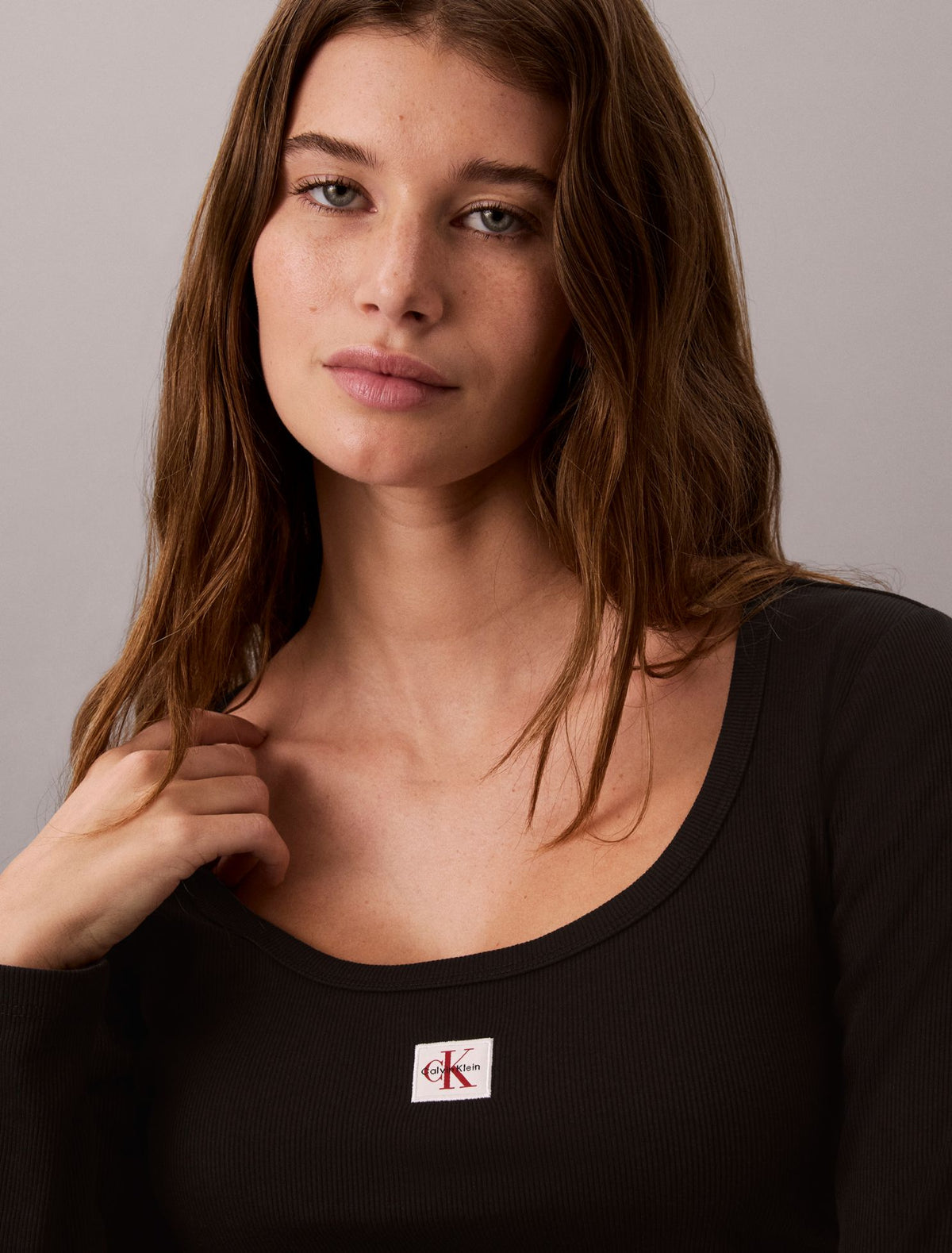 Woven Monologo Rib Long Sleeve Tee - Calvin Klein Women