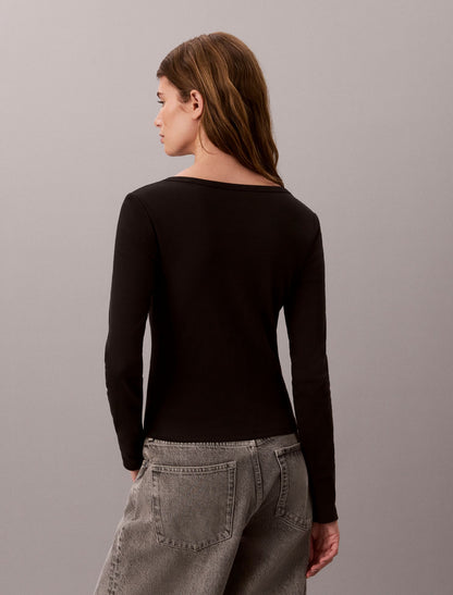 Woven Monologo Rib Long Sleeve Tee - Calvin Klein Women