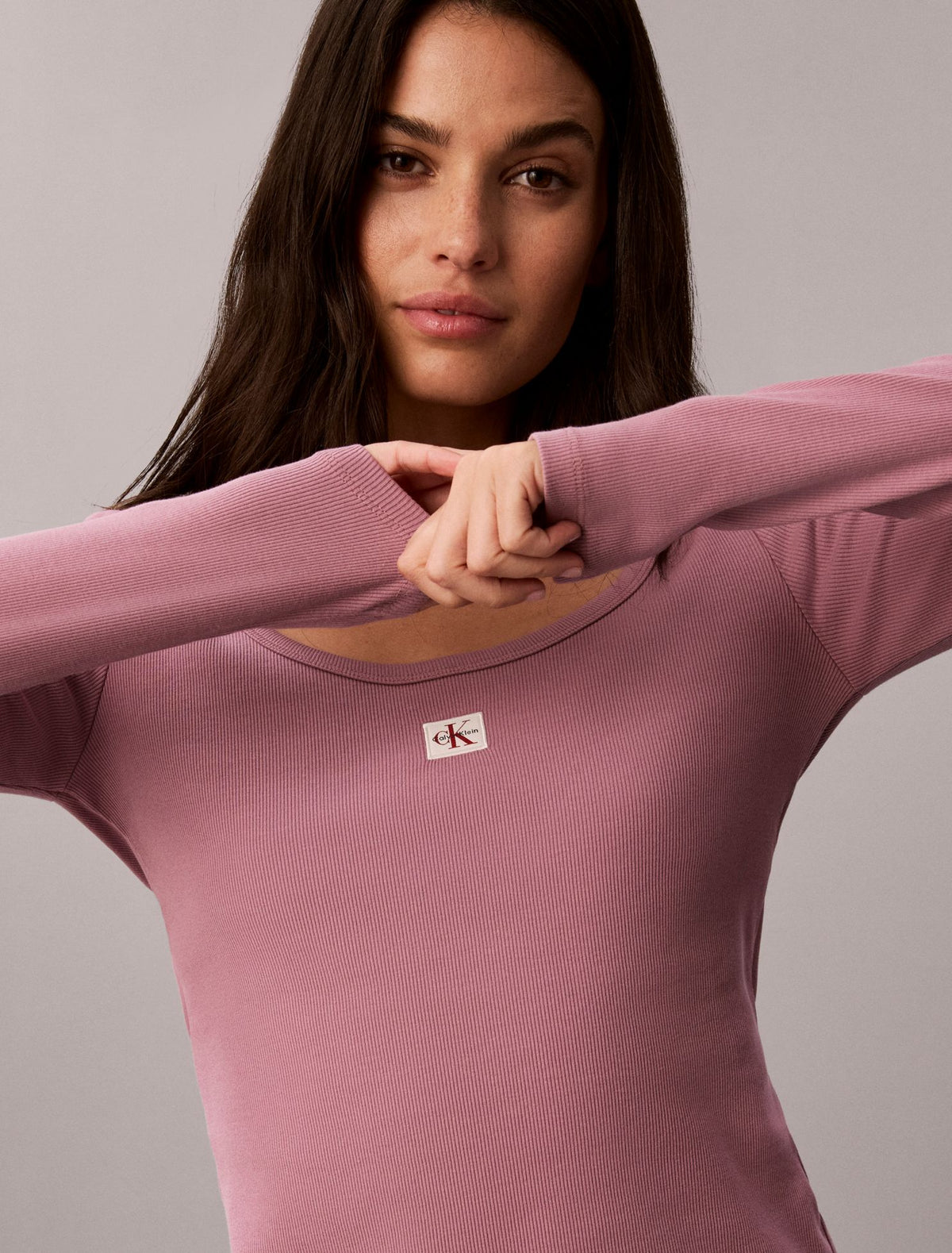 Woven Monologo Rib Long Sleeve Tee - Calvin Klein Women