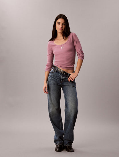 Woven Monologo Rib Long Sleeve Tee - Calvin Klein Women
