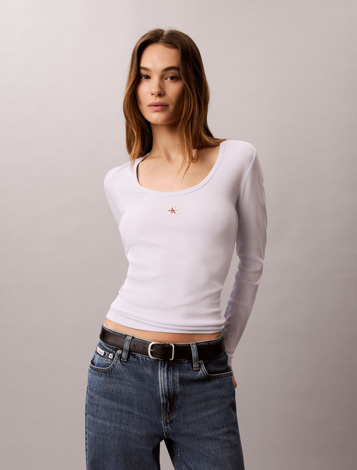 Woven Monologo Rib Scoop Neck T-Shirt - Calvin Klein Women