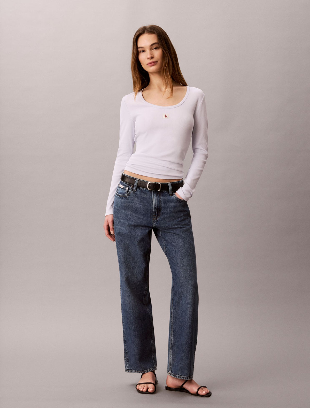 Woven Monologo Rib Scoop Neck T-Shirt - Calvin Klein Women