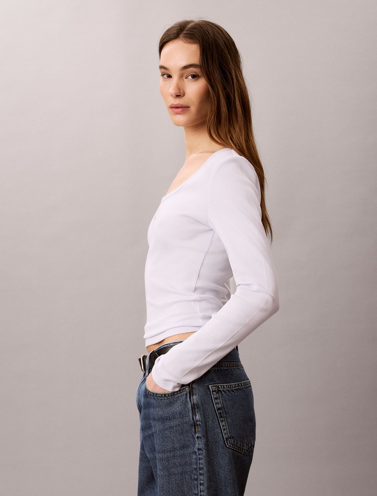 Woven Monologo Rib Scoop Neck T-Shirt - Calvin Klein Women