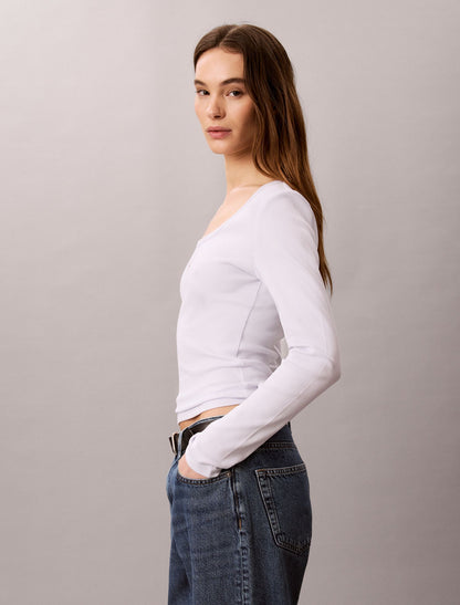 Woven Monologo Rib Scoop Neck T-Shirt - Calvin Klein Women