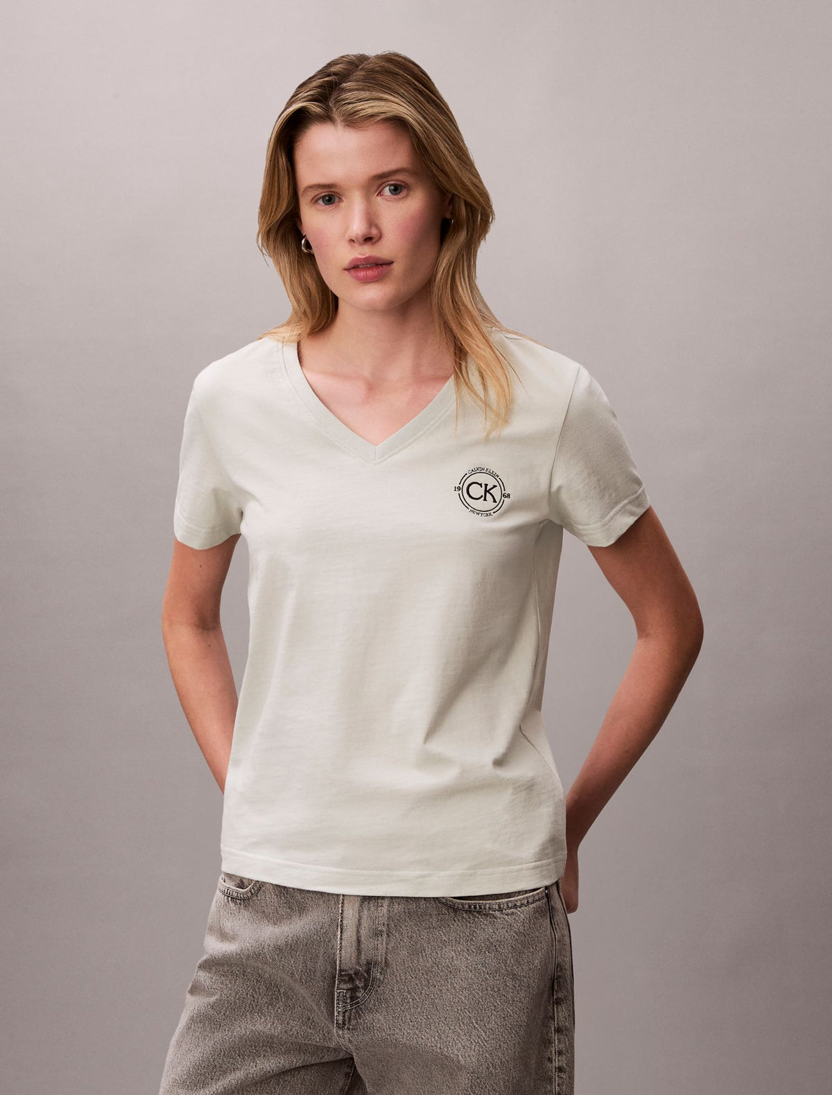 Embroidered CK Crest V-Neck Tee - Calvin Klein Women