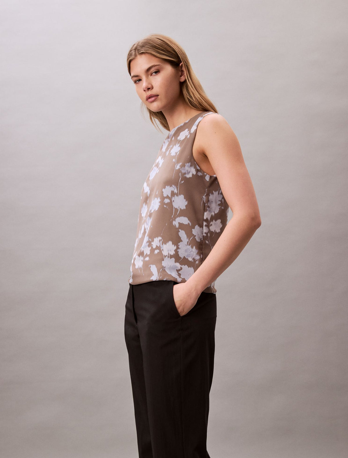 Printed Chiffon Sleeveless Shell Top - Calvin Klein Women