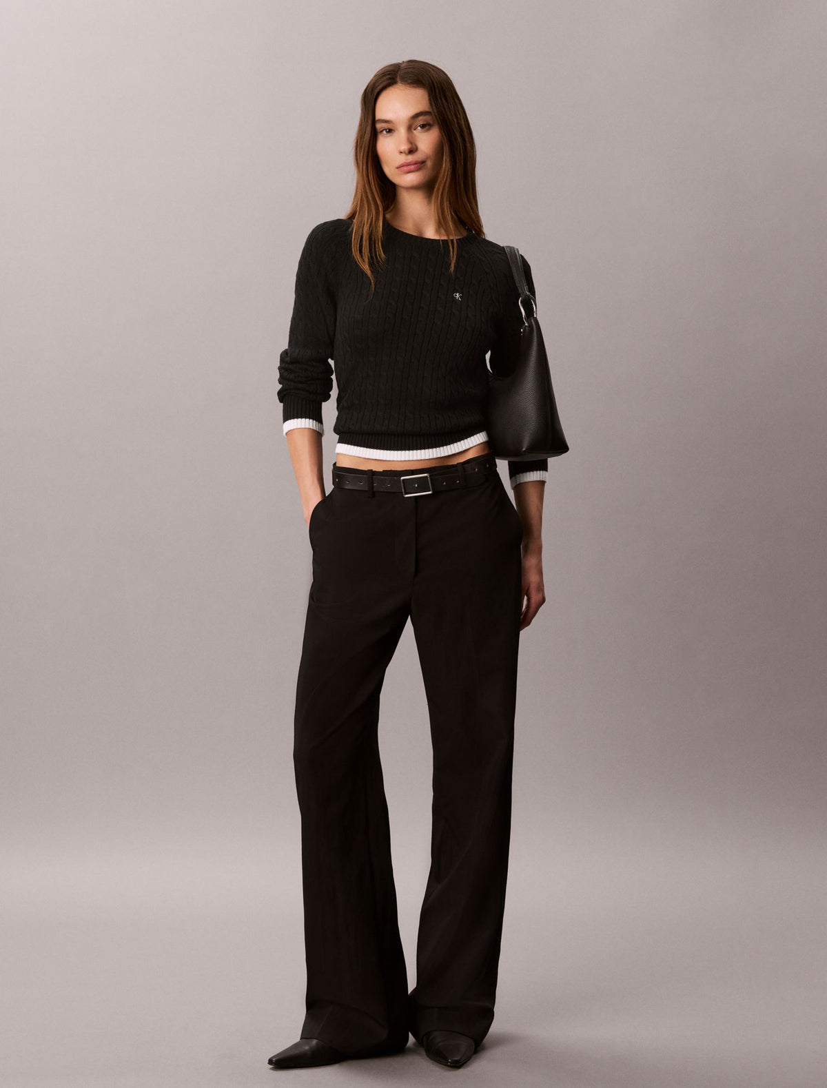 Cable Knit Tipping Crewneck Sweater - Calvin Klein Women