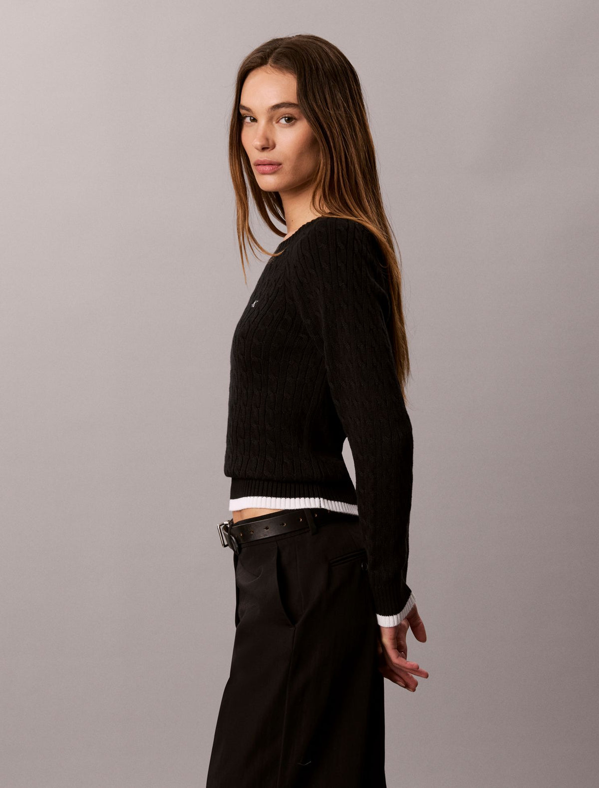 Cable Knit Tipping Crewneck Sweater - Calvin Klein Women