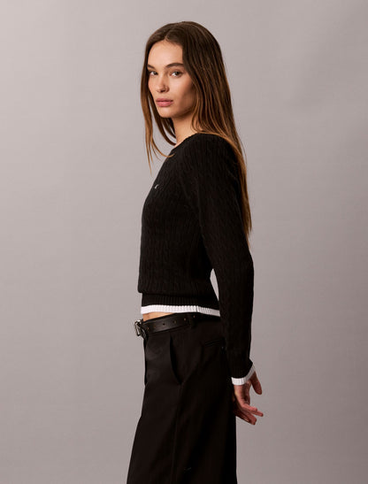 Cable Knit Tipping Crewneck Sweater - Calvin Klein Women