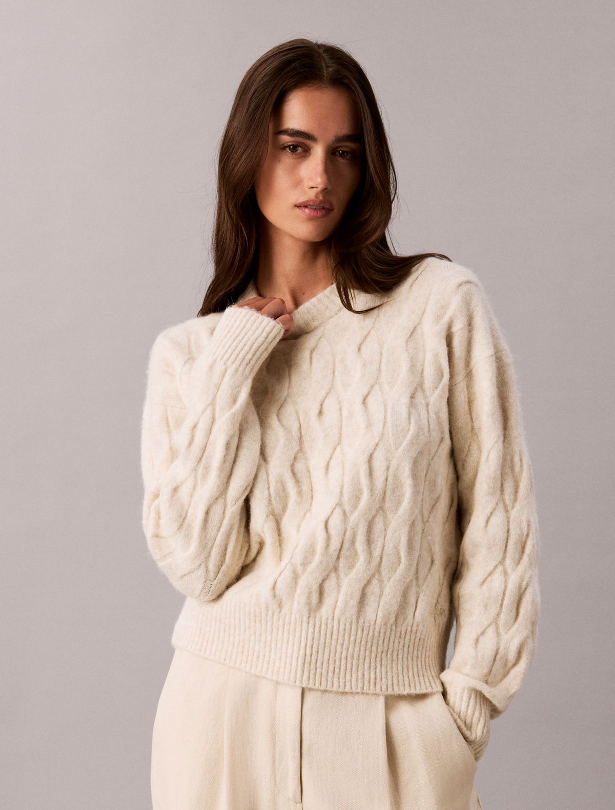 Wool Blend Cable Knit Sweater - Calvin Klein Women