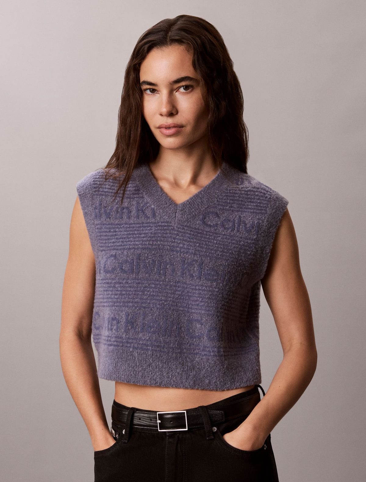 Wool Blend Textured Logo Sweater Vest - Calvin Klein Women