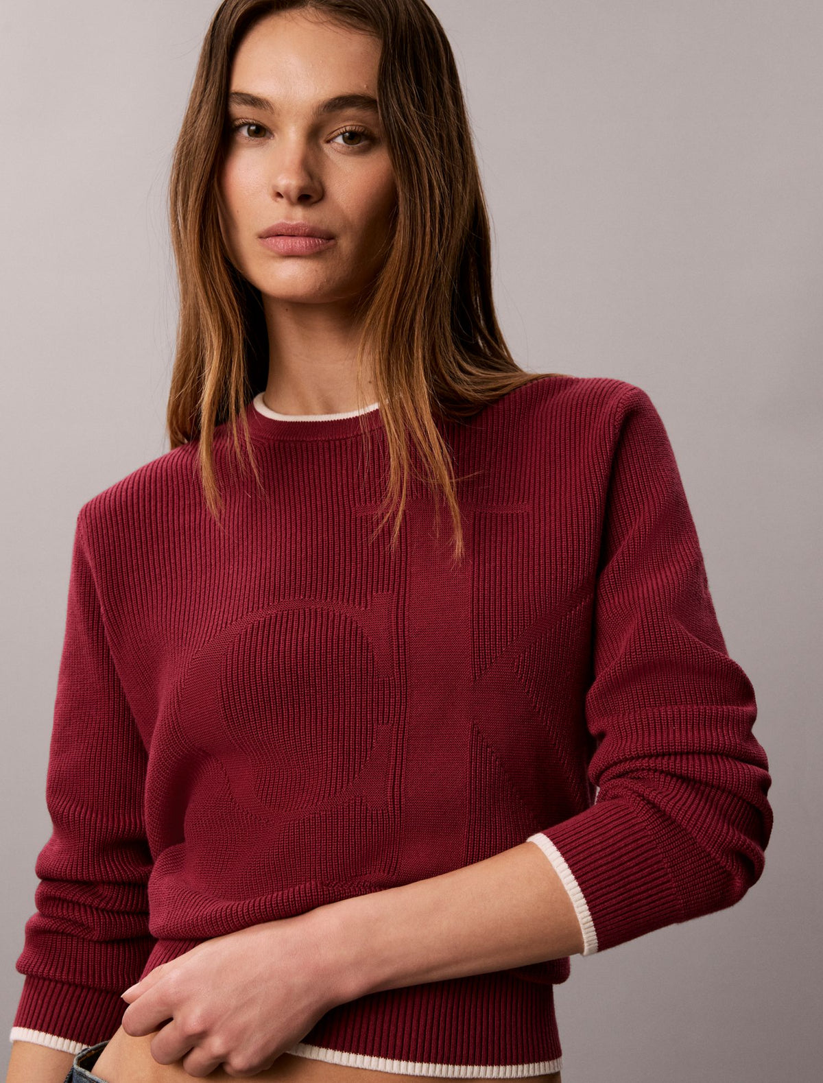 Smooth Cotton Monogram Tipping Sweater - Calvin Klein Women