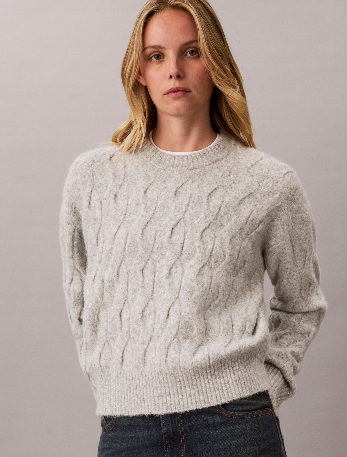 Wool Blend Cable Knit Sweater - Calvin Klein Women