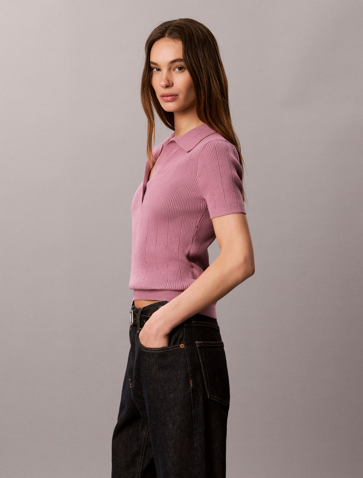 Smooth Cotton Rib Polo Sweater - Calvin Klein Women