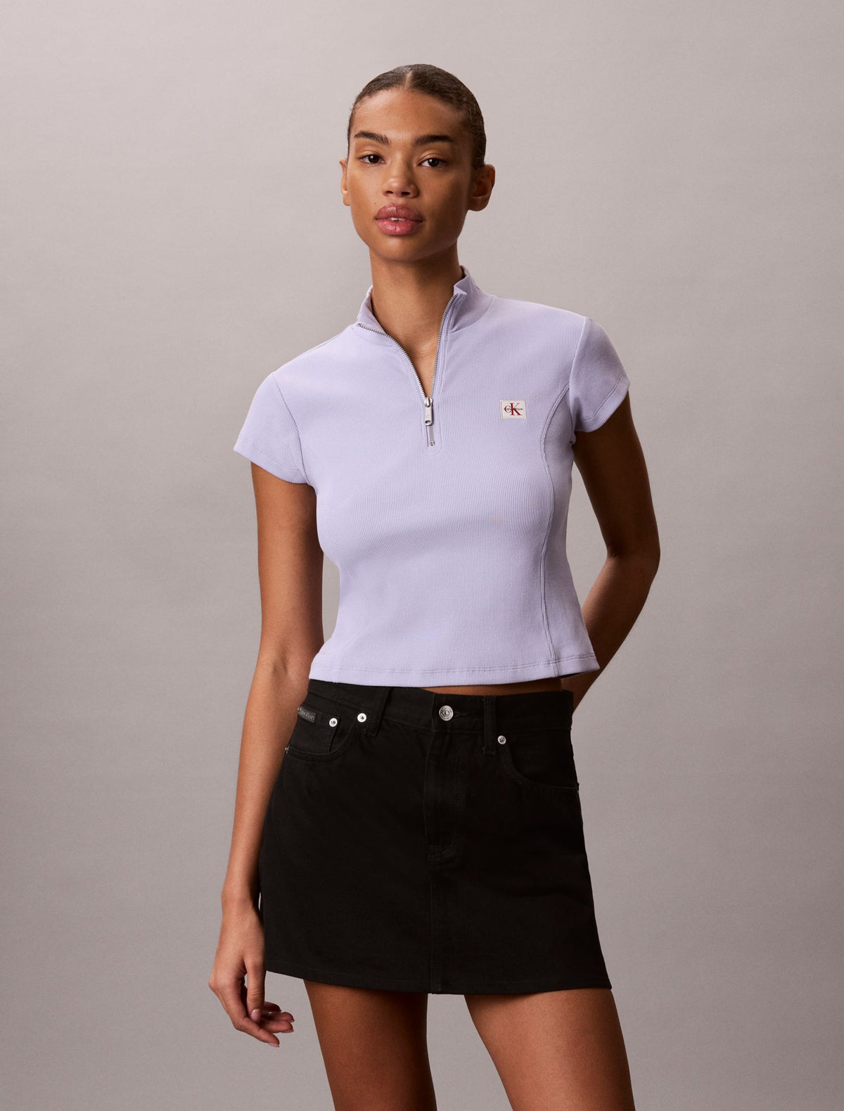 Woven Monologo Rib Quarter Zip Top - Calvin Klein Women