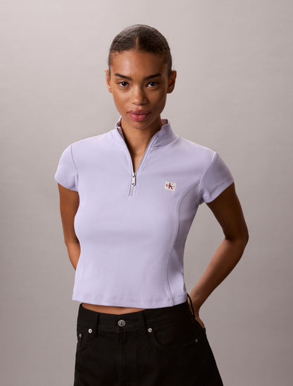 Woven Monologo Rib Quarter Zip Top - Calvin Klein Women