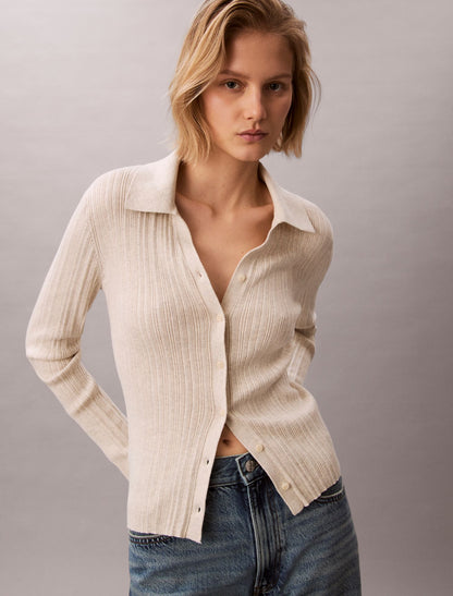 Smooth Cotton Rib Polo Cardigan - Calvin Klein Women