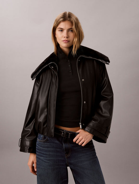 Faux Leather Padded Bomber Jacket - Calvin Klein Women