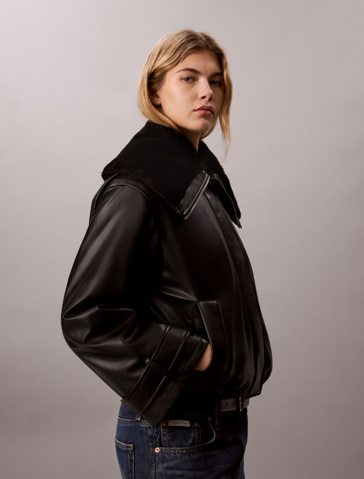 Faux Leather Padded Bomber Jacket - Calvin Klein Women