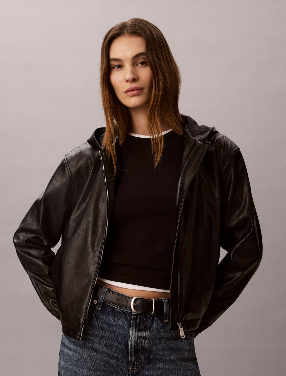 Faux Leather Hooded Jacket - Calvin Klein Women