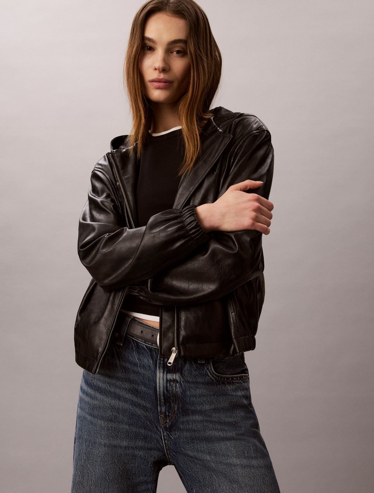Faux Leather Hooded Jacket - Calvin Klein Women