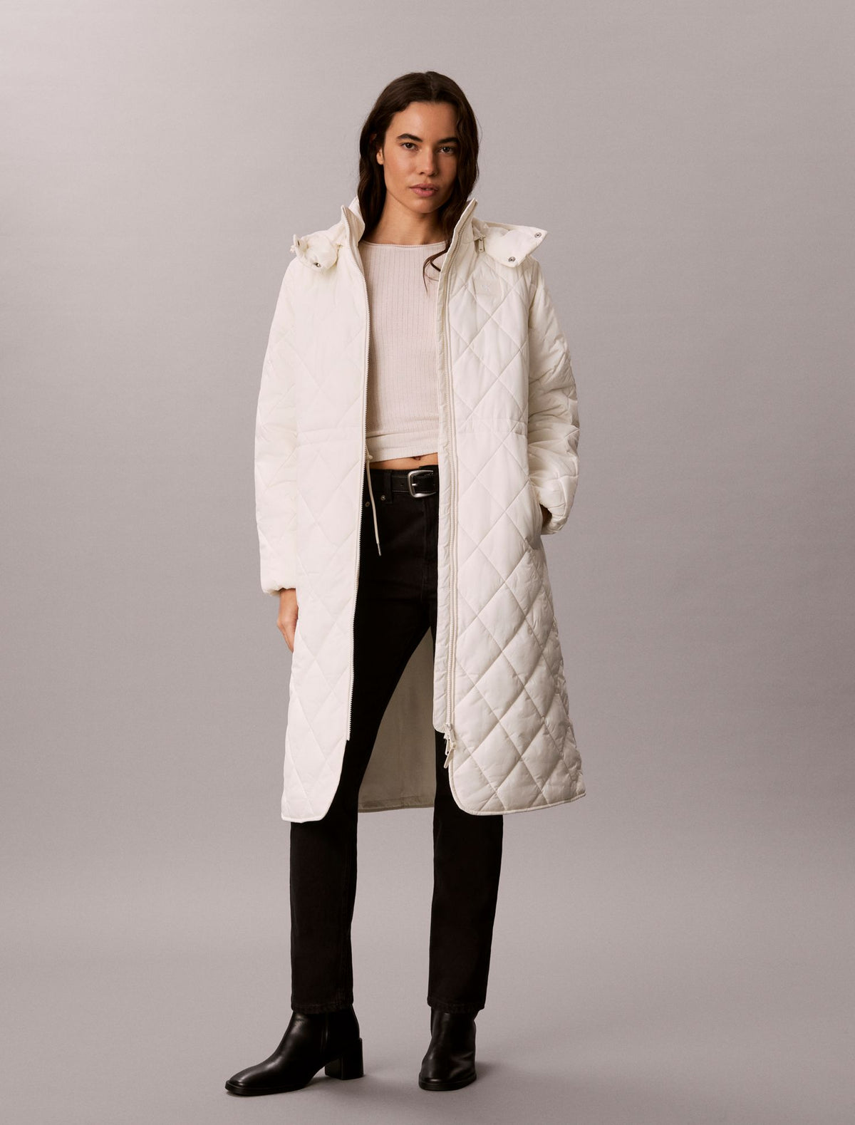 Quilted Hooded Long Liner Coat - Calvin Klein Women