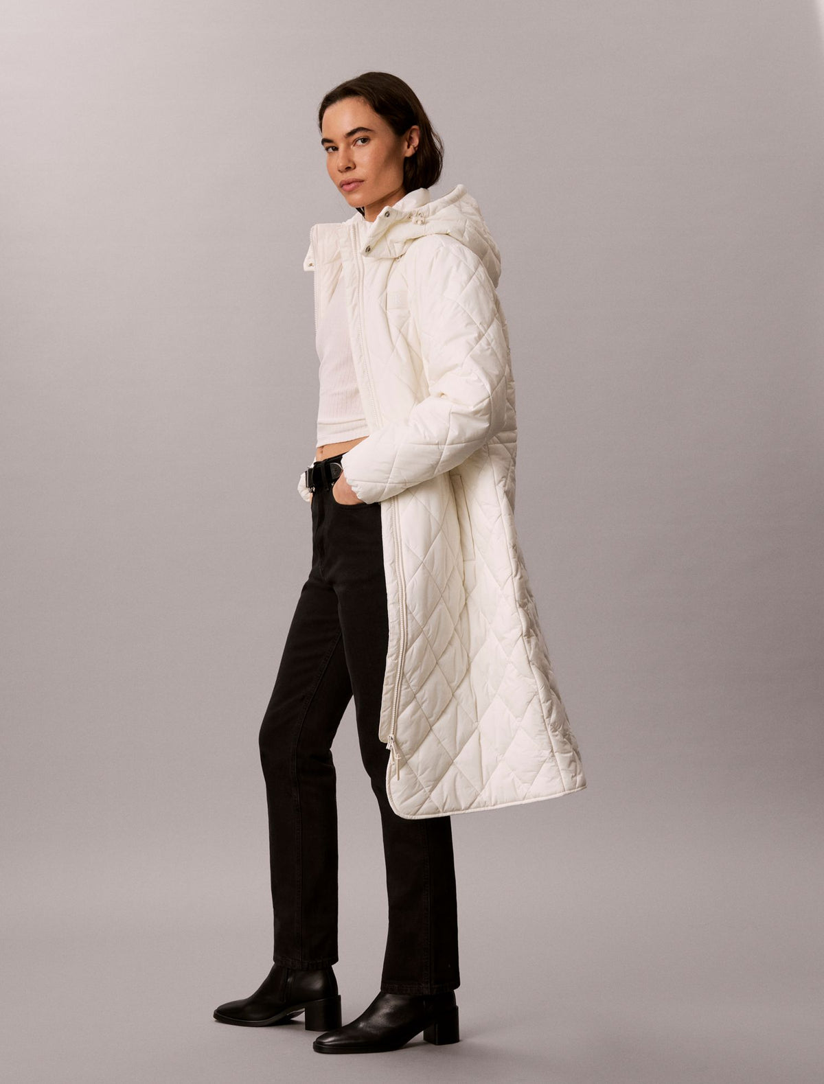 Quilted Hooded Long Liner Coat - Calvin Klein Women