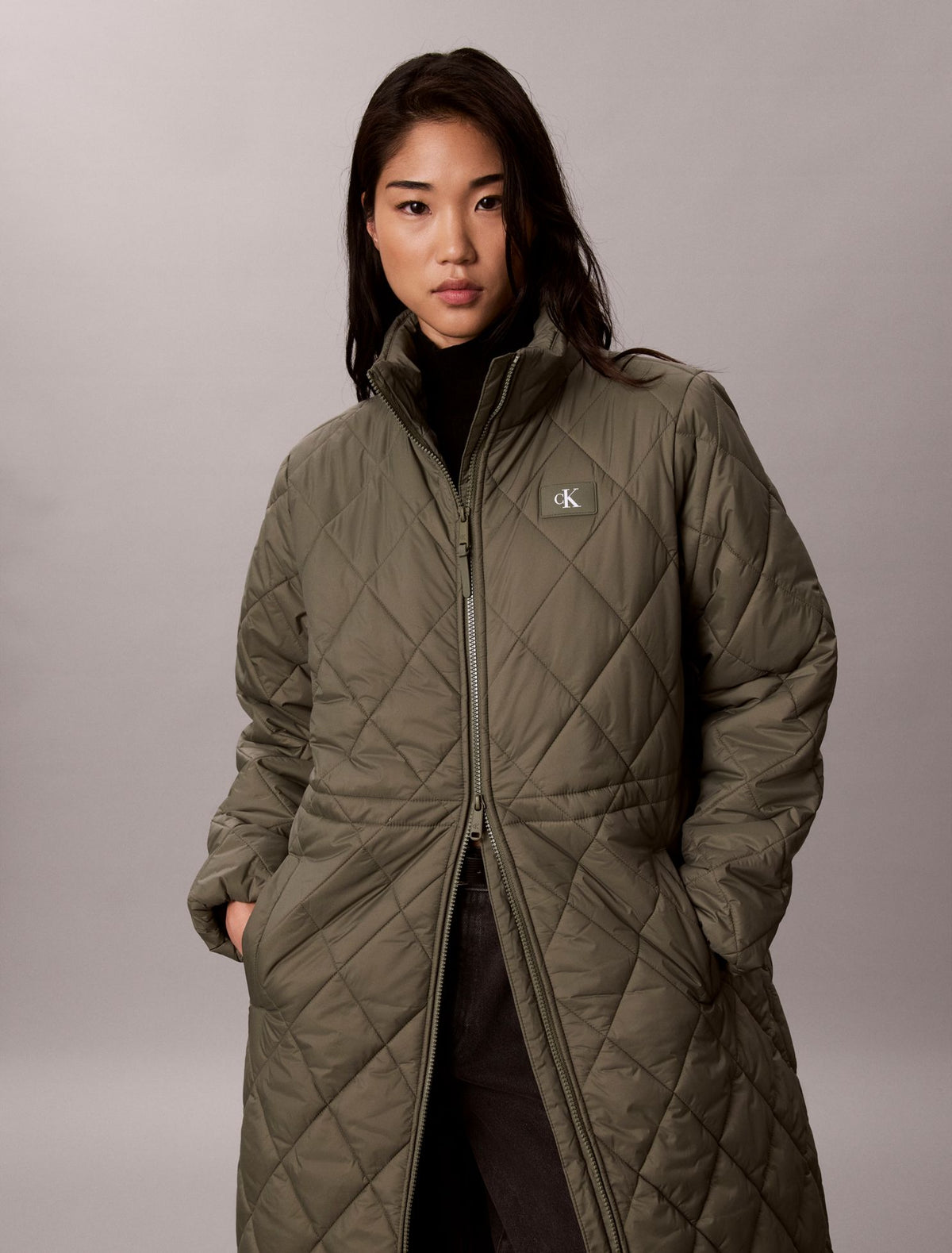 Quilted Hooded Long Liner Coat - Calvin Klein Women