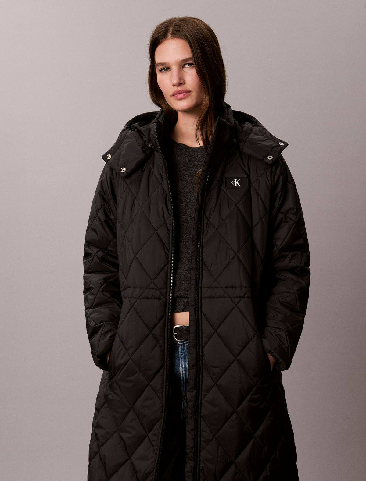 Quilted Hooded Long Liner Coat - Calvin Klein Women