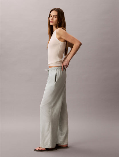 Linen Blend Drawstring Wide Leg Pants - Calvin Klein Women