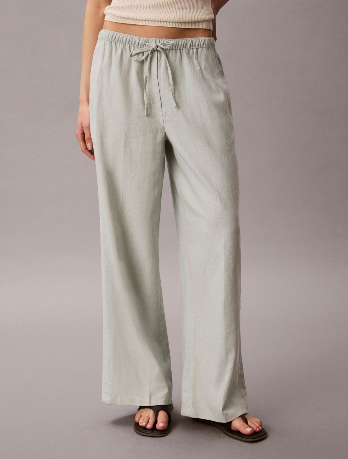 Linen Blend Drawstring Wide Leg Pants - Calvin Klein Women