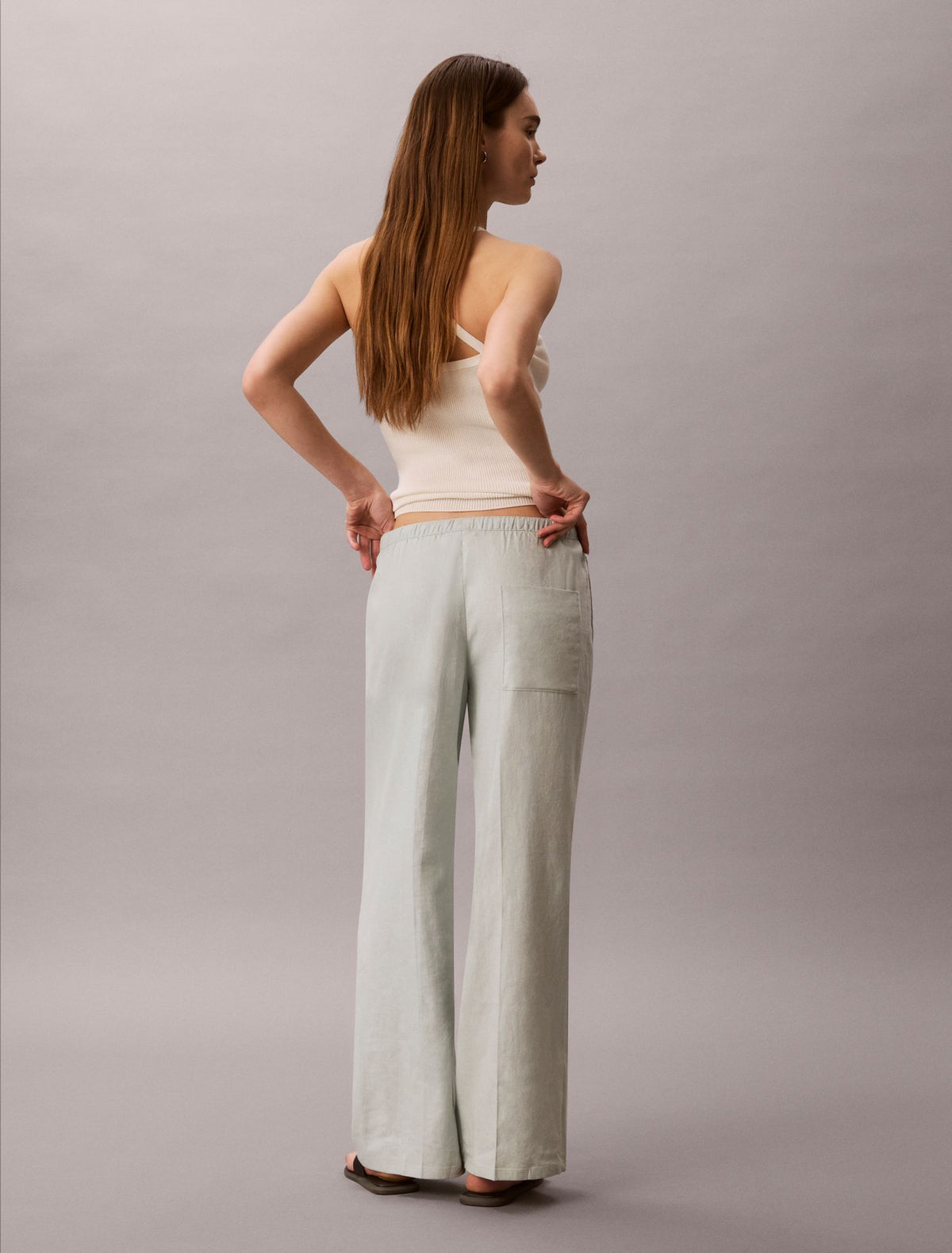 Linen Blend Drawstring Wide Leg Pants - Calvin Klein Women