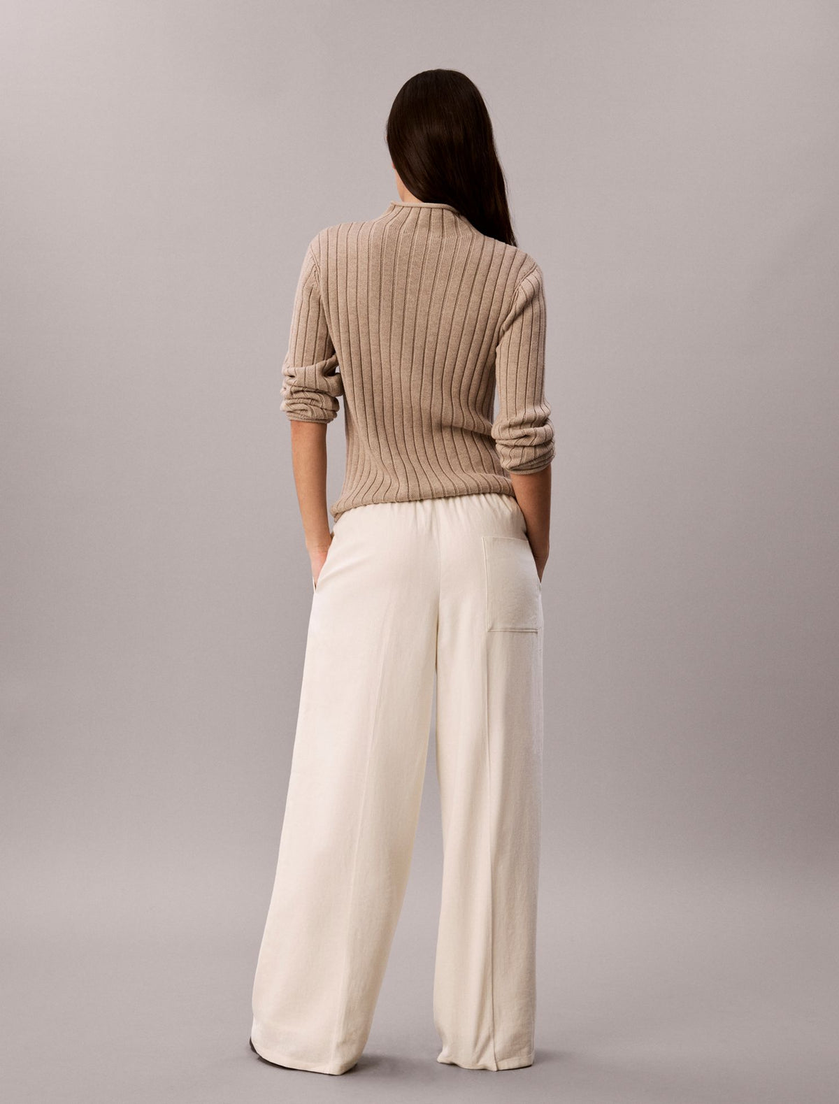 Linen Blend Drawstring Wide Leg Pants - Calvin Klein Women