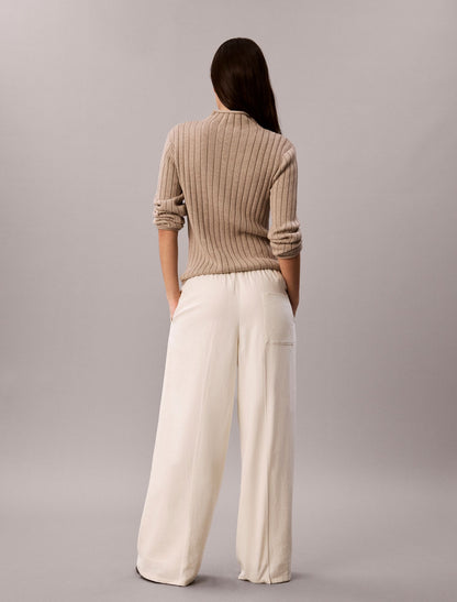 Linen Blend Drawstring Wide Leg Pants - Calvin Klein Women