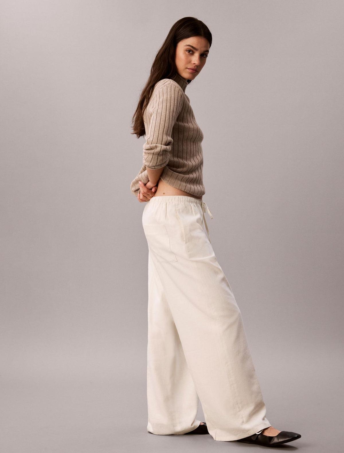 Linen Blend Drawstring Wide Leg Pants - Calvin Klein Women