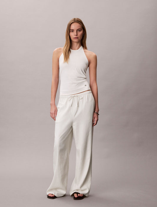 Linen Blend Drawstring Wide Leg Pants - Calvin Klein Women