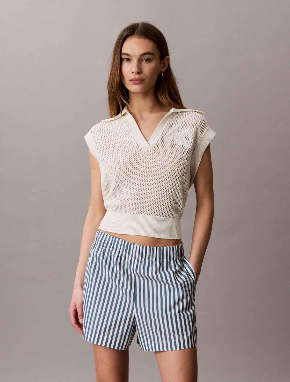 Cotton Poplin Stripe Shorts - Calvin Klein Women