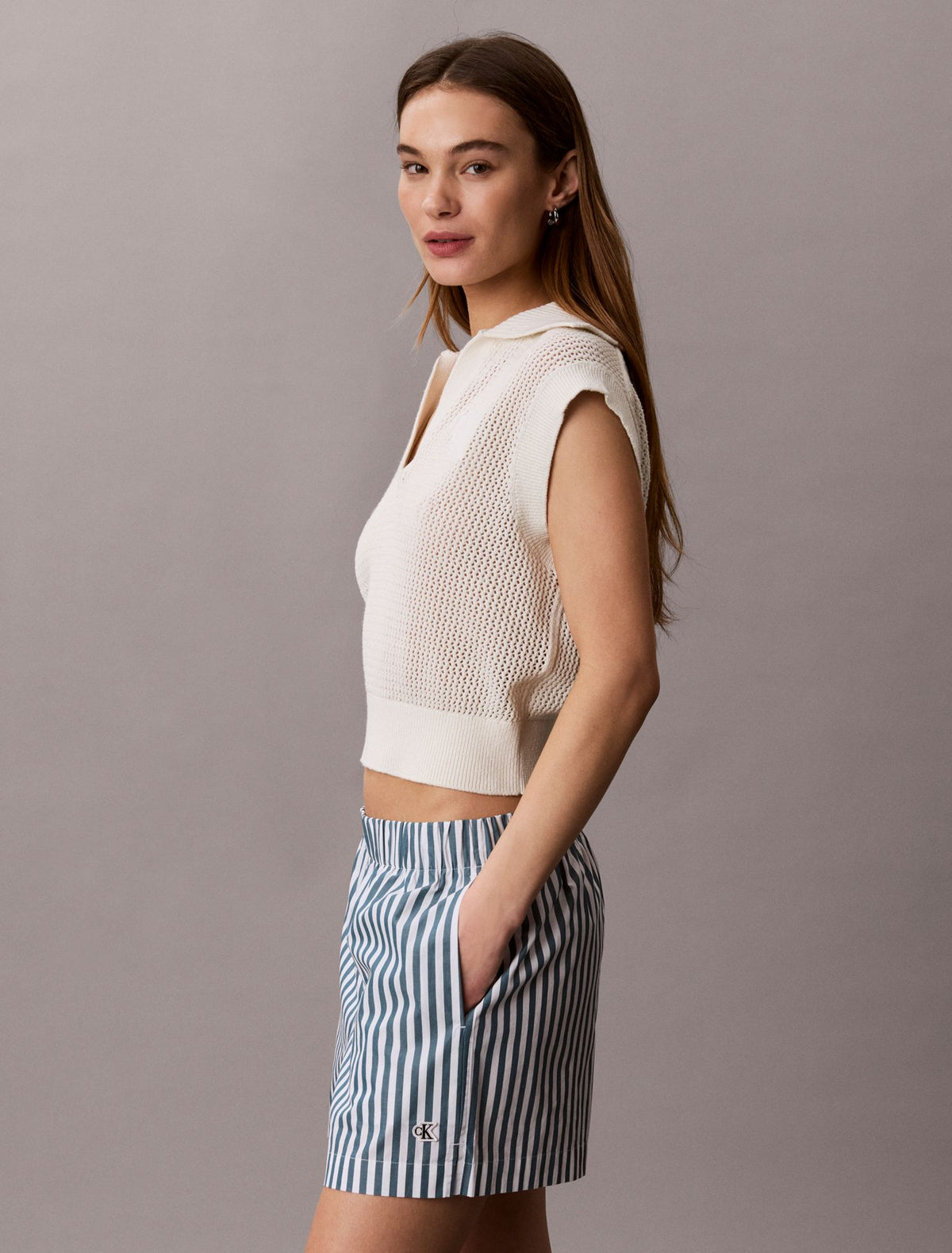 Cotton Poplin Stripe Shorts - Calvin Klein Women