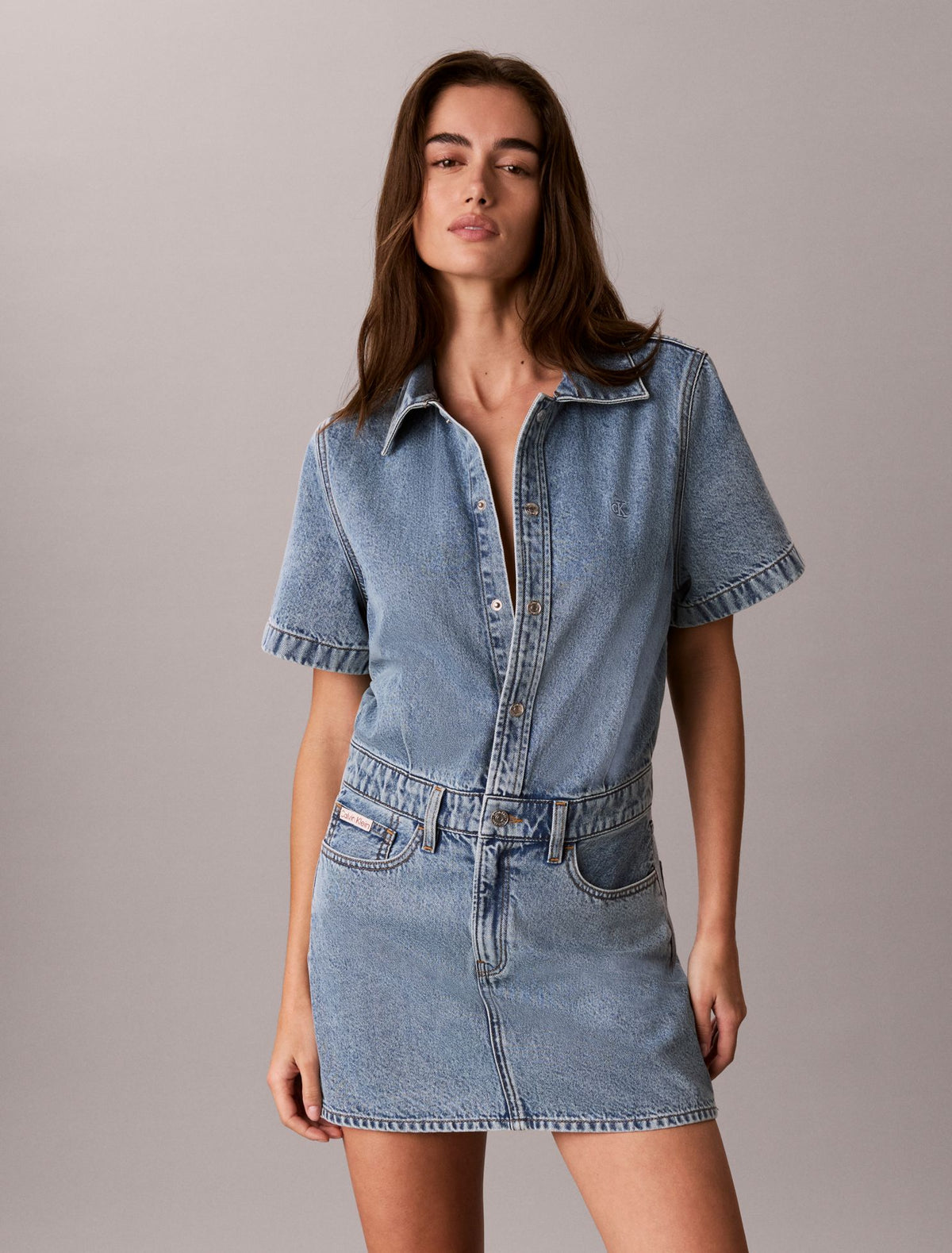 Denim Trucker Short Sleeve Mini Dress - Calvin Klein Women
