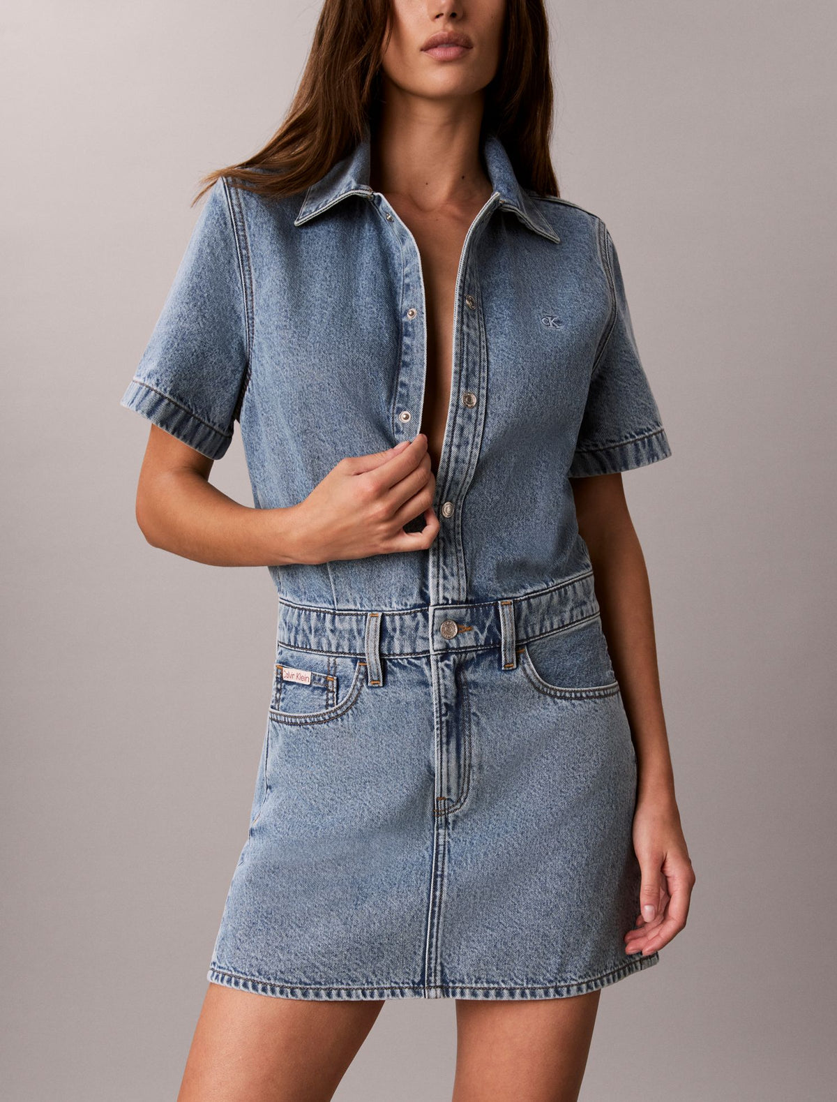 Denim Trucker Short Sleeve Mini Dress - Calvin Klein Women