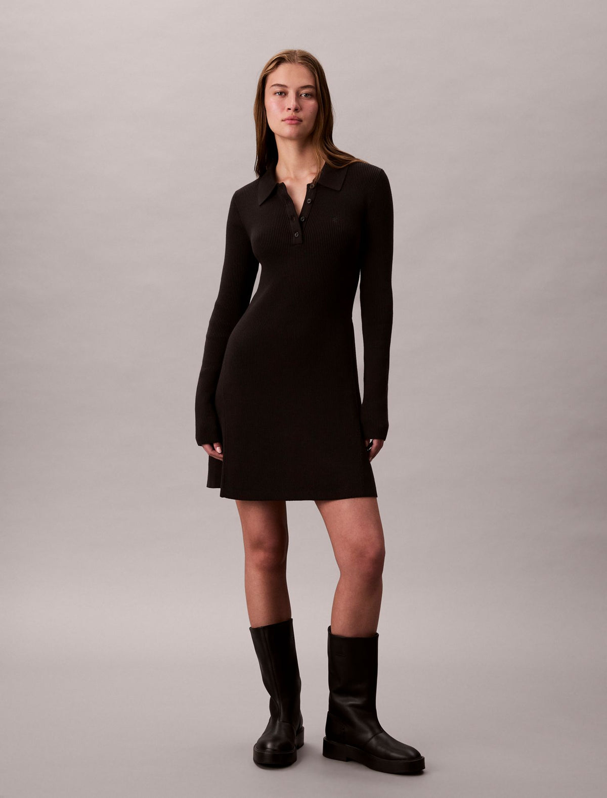 Cotton Rib V-Neck Polo Mini Dress - Calvin Klein Women