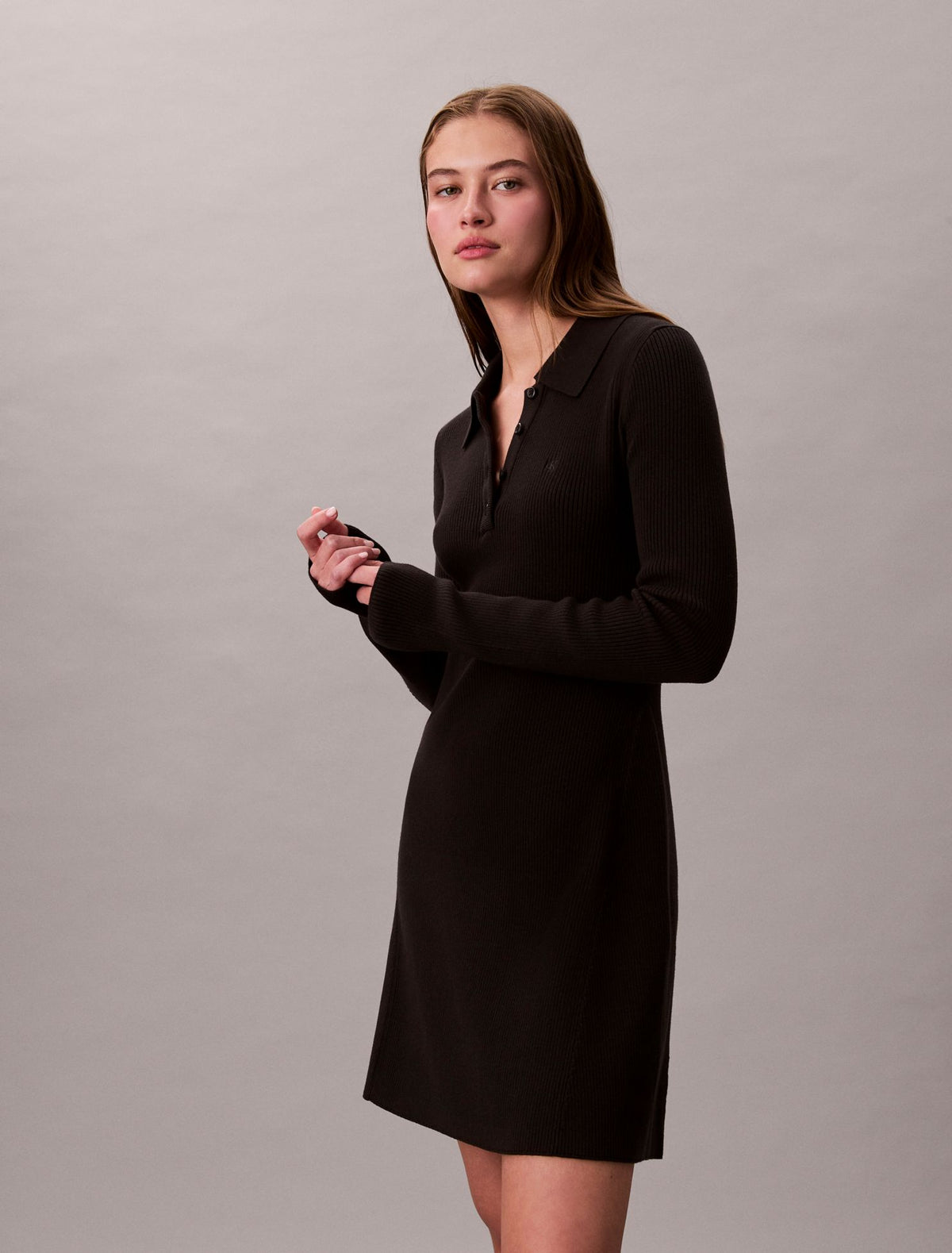 Cotton Rib V-Neck Polo Mini Dress - Calvin Klein Women