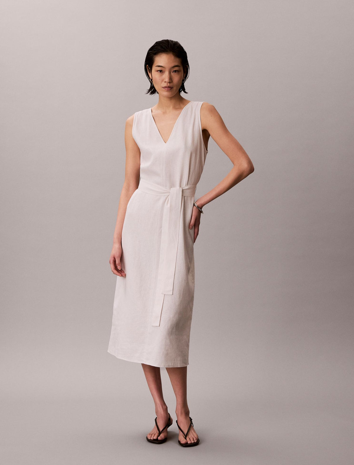 Linen Blend V-Neck Sleeveless Belted Dress - Calvin Klein Women