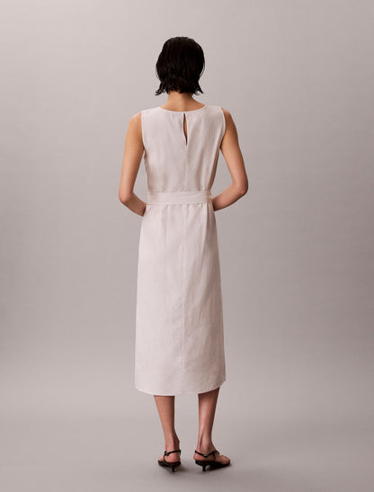 Linen Blend V-Neck Sleeveless Belted Dress - Calvin Klein Women