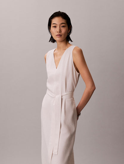 Linen Blend V-Neck Sleeveless Belted Dress - Calvin Klein Women
