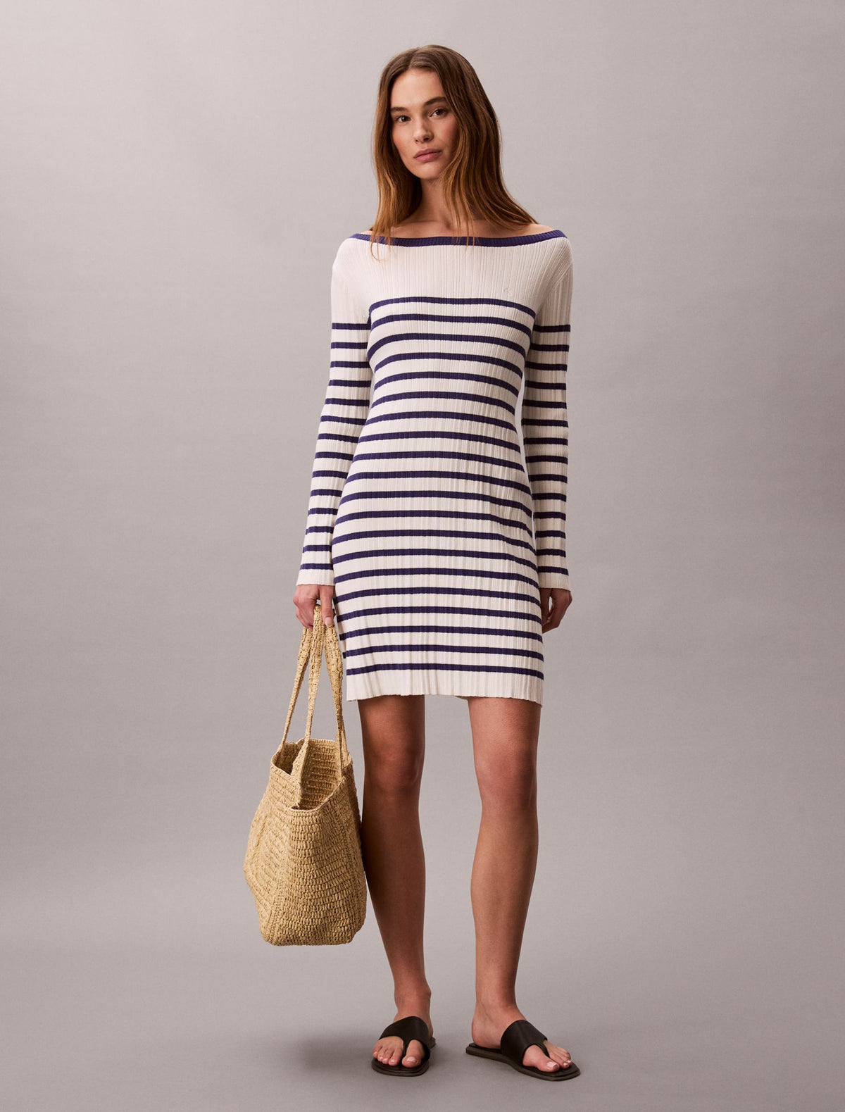 Stripe Long Sleeve Rib Mini Dress - Calvin Klein Women