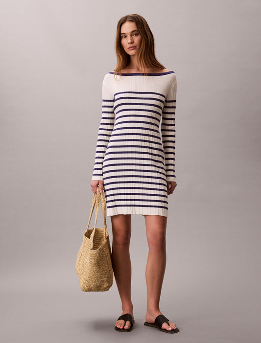Stripe Long Sleeve Rib Mini Dress - Calvin Klein Women